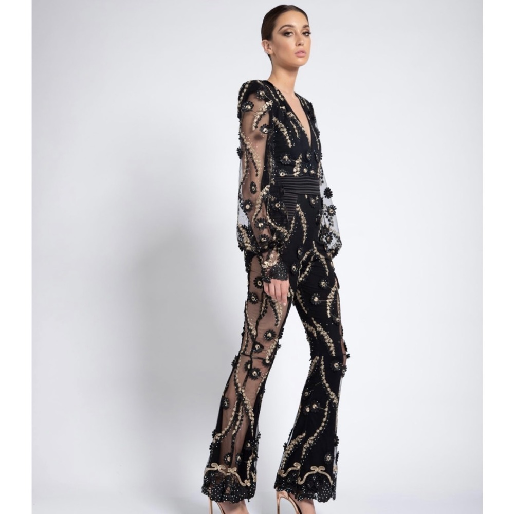 Zhivago Black Sheer Embellished V-Neck Long-Sleeve Jumpsuit with Gold Beading